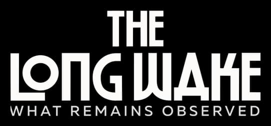 The Long Wake: Bold condensed block letters with heavy shadows and layered tagline.
