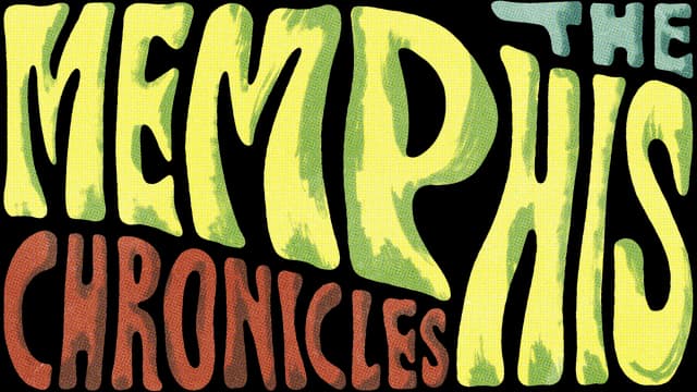 The Memphis Chronicles: warped bold retro letters with gritty halftone texture.