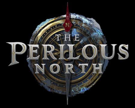 The Perilous North: Beveled silver serif lettering over an icy compass emblem.