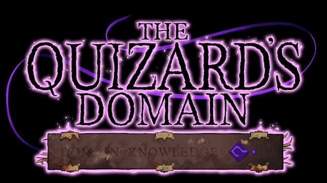 Antiquated serif font with a glowing purple outline and weathered banner.