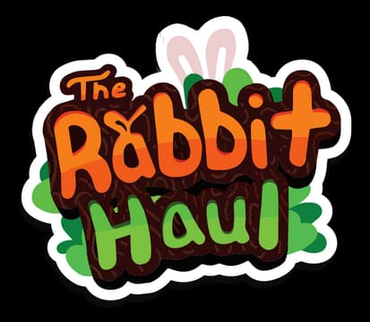 The Rabbit Haul: Chunky rounded letters, sticker-style outline, bunny ears above title.