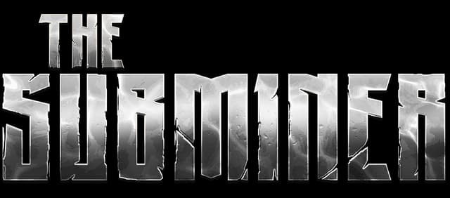 The Subminer: Metallic beveled block letters with icy texture and cracked edges.