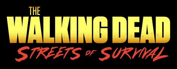 The Walking Dead: Bold distressed block letters with yellow gradient, red brush script subtitle.
