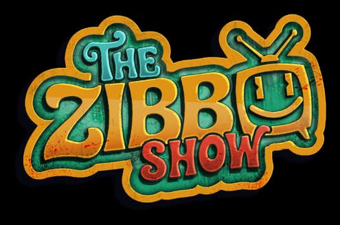 The Zibbo Show: Chunky retro letters with gold outline, teal texture, TV face icon.