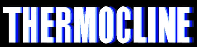 THERMOCLINE: Tall condensed serif letters with icy glow, blue shadow, slight blur.