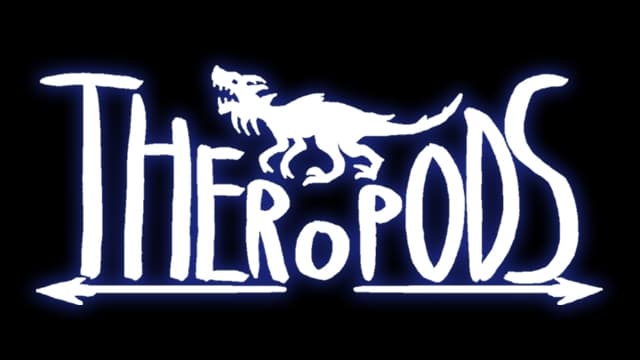 Curved white dinosaur silhouette atop hand-drawn, playful white text.