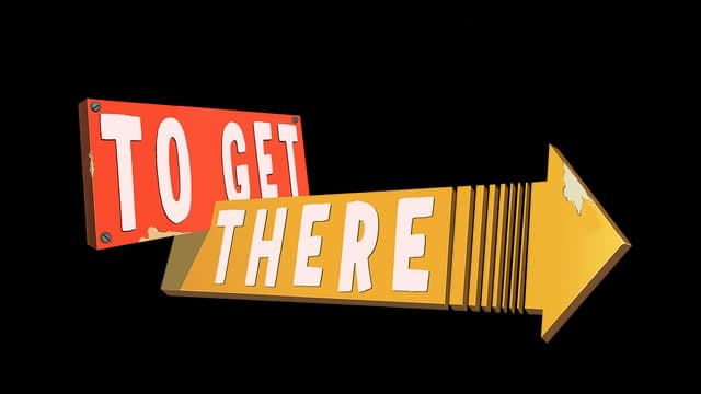 Arrow-shaped text with a 3D effect, bold white letters on colored rectangles.