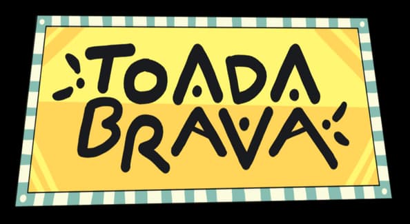 Toada Brava: Bold hand-drawn black letters on a skewed yellow placard, striped frame.