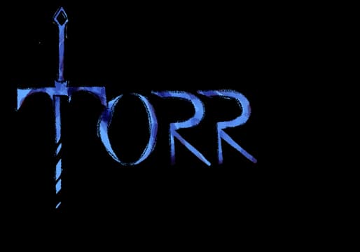 TORR: Chiseled serif letters with icy blue glow; T forms a vertical sword crossguard.
