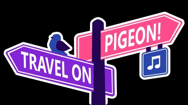 Colorful signpost design with bold, angled text and cartoon pigeon.