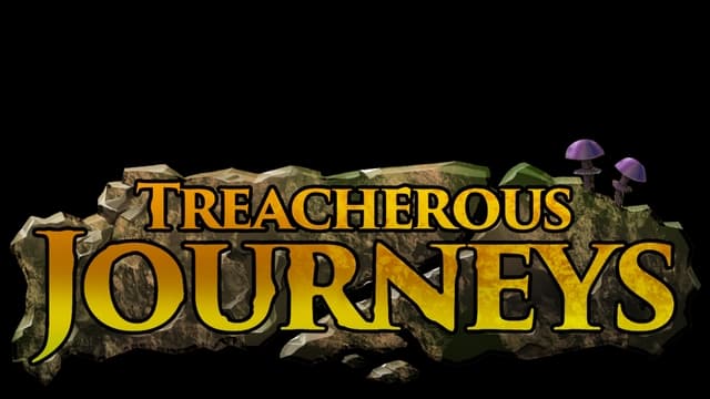 Stylized serif font on a rugged stone backdrop with purple mushrooms.