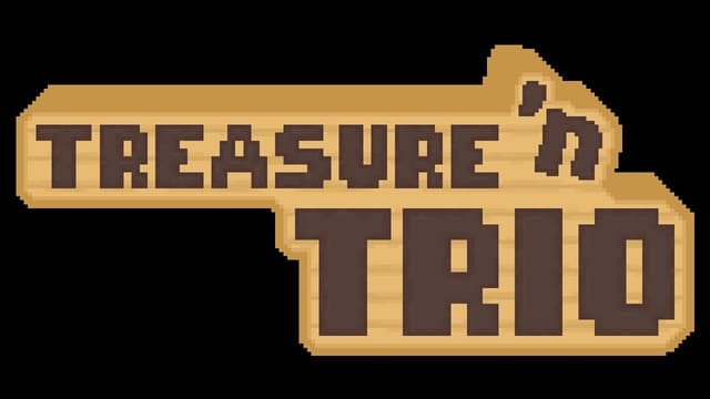 Blocky pixel art font overlaid on a wooden sign shape.