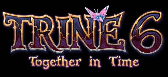 Trine 6: Ornate gilded serif letters with beveled edges, purple inlay, pink butterfly accent.