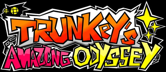 Trunkey’s Amazing Odyssey: Bold comic-style 3D letters with jagged outlines and stars.