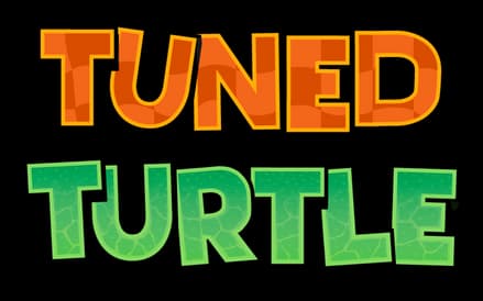 Tuned Turtle: Chunky cartoon letters, orange-to-green gradient with subtle texture.