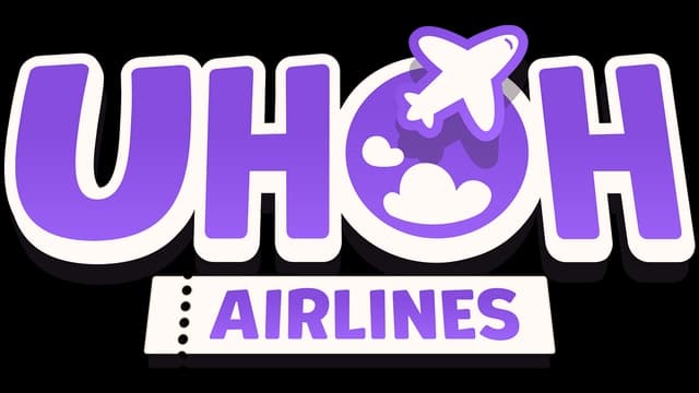 Rounded, bold purple letters with a white outline; plane silhouette over globe.