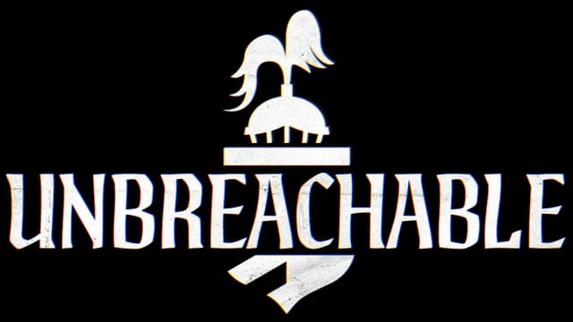 Unbreachable: Bold medieval serif with sword icon and subtle red-blue offset effect.