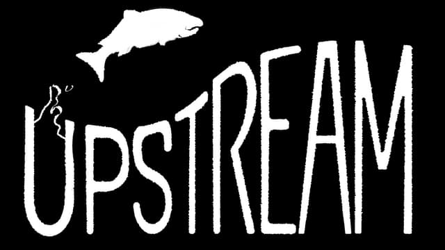 Stylized white lettering with leaping fish, tall, narrow, slightly tilted font.