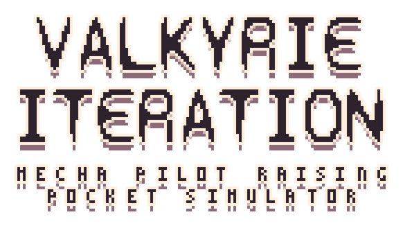 Valkyrie Iteration: Pixelated bold block letters with heavy drop shadow, boxed subtitle.