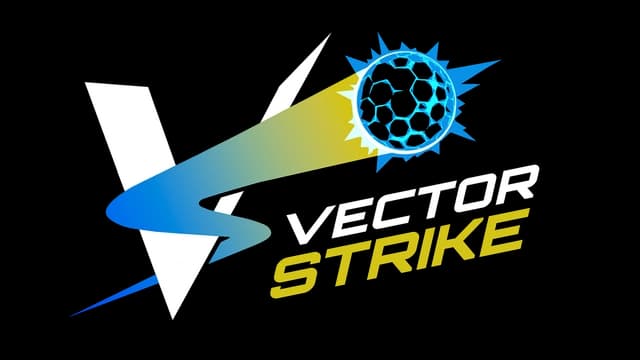 Ball with trail curves around a bold "V"; sleek, angular text design.