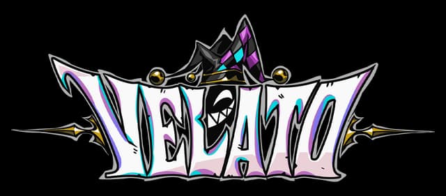 VELATO: Gothic block letters with neon accents, black outline, jester hat topper.