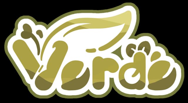 Verde: Rounded bubbly wordmark with leaf-shaped V, thick outline and soft shading.