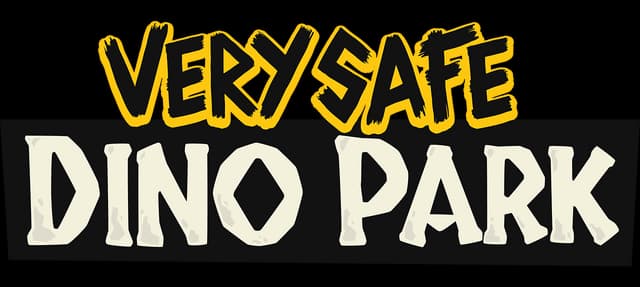 Very Safe Dino Park 🦖: jagged graffiti-like yellow title over chunky chiseled stone text.