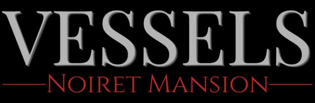 VESSELS: Metallic beveled serif letters with subtle shadow; red underlined subtitle.