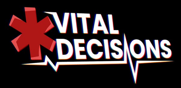 Vital Decisions: Bold angled block letters with red/cyan glitch outline, ECG underline.