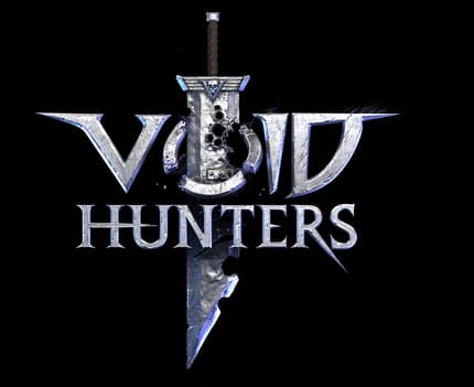 Void Hunters: Chiseled silver serif letters with icy glow, sword forming the I.