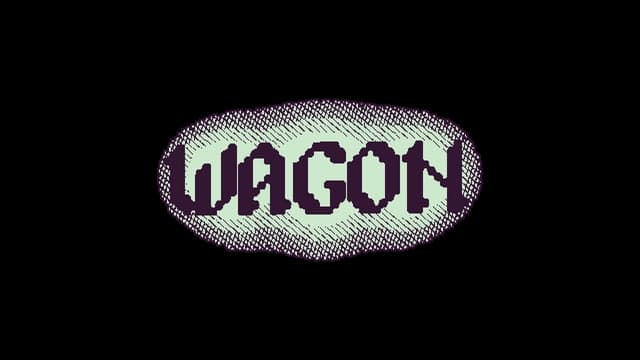 Pixelated font with a purple outline and textured bubble shape.