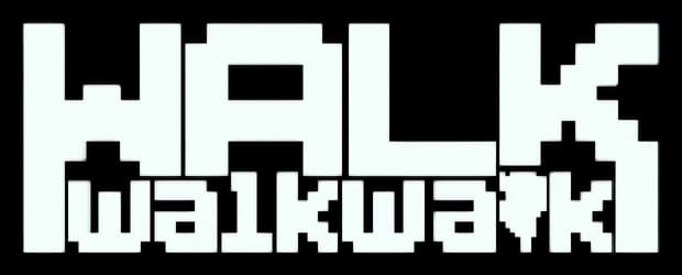 WalkWalkWalk: Bold blocky pixel-font wordmark with chunky, stepped letter edges.
