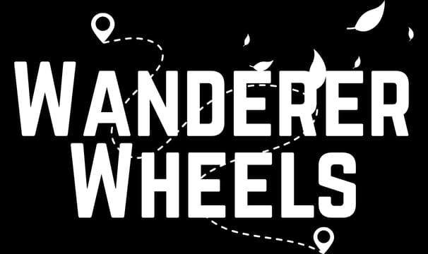 Wanderer Wheels: Bold distressed block lettering with dotted travel path and pins.