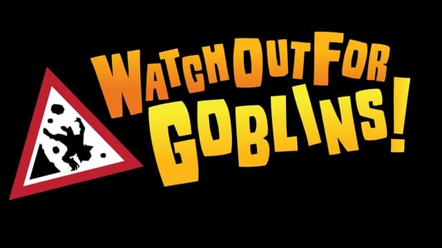 Bold, cartoonish font with gradient colors and a warning sign graphic.