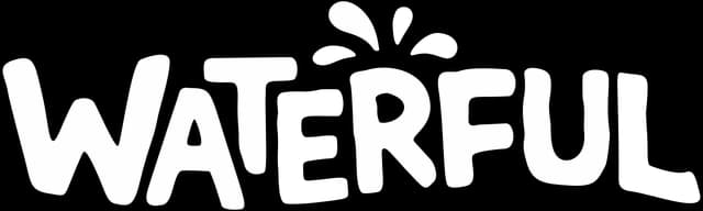 WATERFUL: Bold rounded block letters with dripping cutouts and splash accent above.