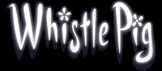 Whistle Pig: Dripping rounded script letters with glossy highlights and flower dots.