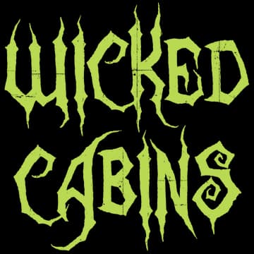 Wicked Cabins: Dripping horror-style jagged lettering with rough, splattered edges.