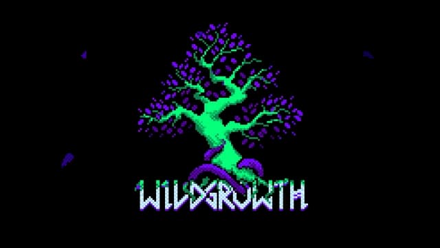 Pixelated font under a glowing tree with purple foliage.