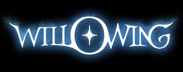 Will O Wing: Elegant serif lettering, glowing blue gradient, O as starburst emblem.