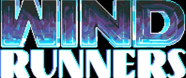 Pixelated font with gradient, neon glow, and bold, blocky lettering.