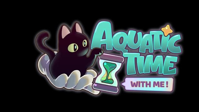 Bubbly aqua text with a gold star over "i," white glove holding cat and sand timer.