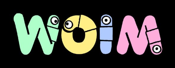 WOIM: Rounded pastel letters with worm eyes, cracked “O”, and segmented “I”.