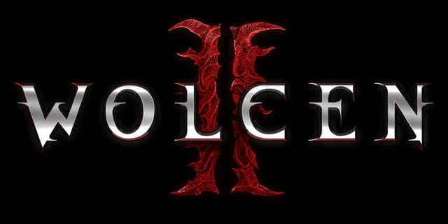 Wolcen 2: Metallic beveled serif letters, red cracked Roman numeral II glow behind.
