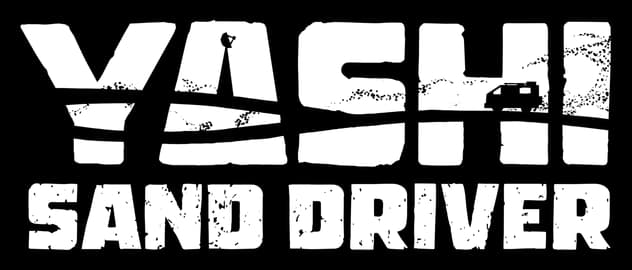 Yashi: Bold distressed block letters with horizon line and tiny car silhouette.