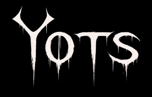 Yots: Distressed serif letters with dripping paint effect and sharp, horned Y.