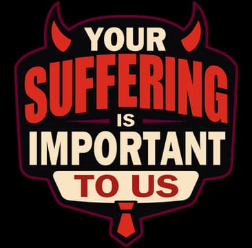 Your Suffering Is Important to Us: Bold stacked block letters, red gradient, horned badge outline.