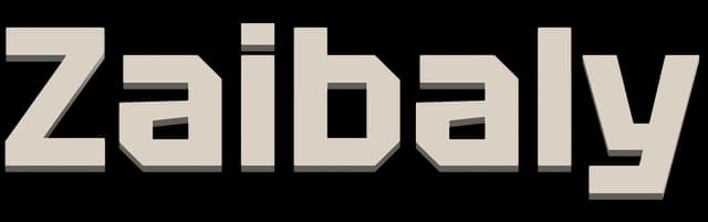 ZAIBALY: Chunky beveled sans-serif letters with metallic shading and sharp edges.