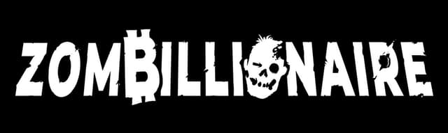 ZOMBILLIONAIRE: Distressed bold block letters with uneven heights, skull as O, oil splatter marks.