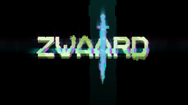 ZWAARD: Pixelated block letters with neon glitch offset, sword silhouette through center.