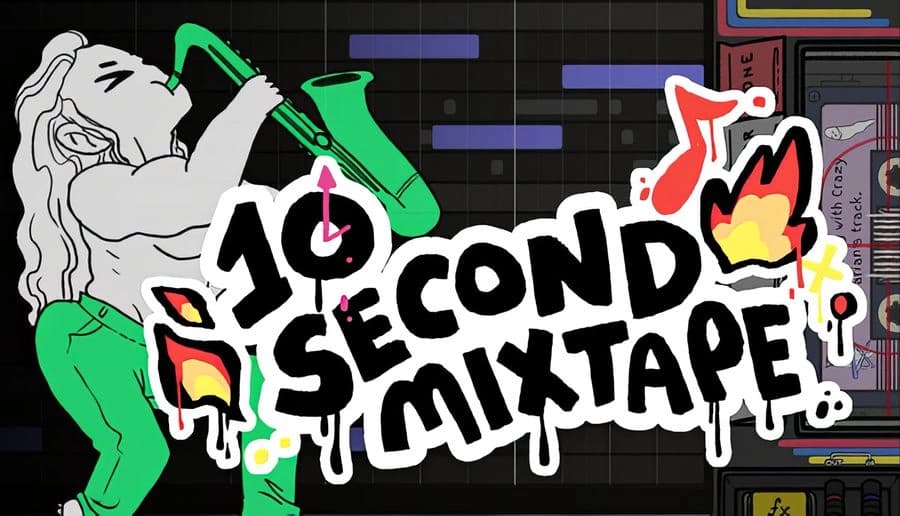 10 Second Mixtape: cartoon person playing green saxophone beside bold title, music notes and cassette on black burst background.